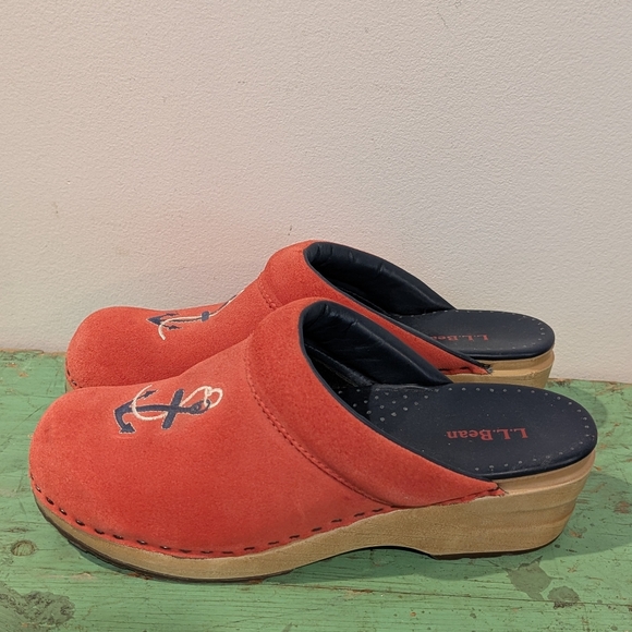 L.L. Bean Mules Womens Size 8M Red/Pink Anchor Nautical Suede Slip On Clog Shoes - Picture 4 of 11